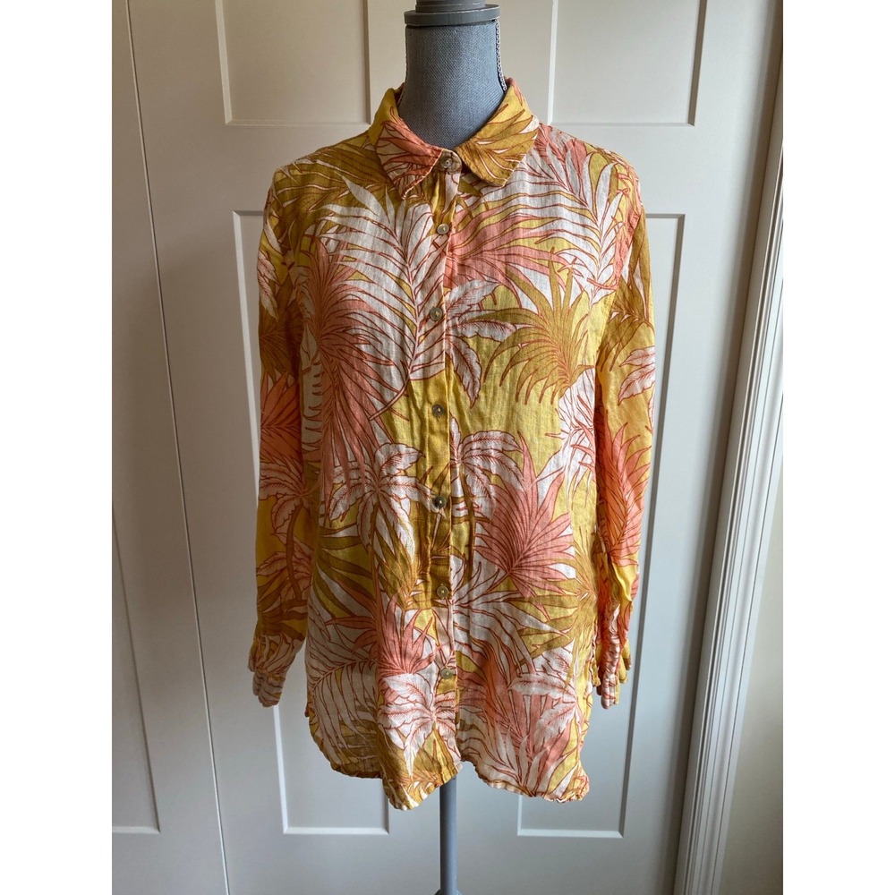 Tahari Blouse Shirt Women Linen Button Up US Large European Grown Flax s11